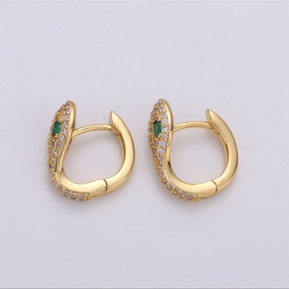 Snake Head Emerald CZ Hoop Earrings - Picture 3 of 6